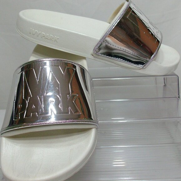 Ivy Park Mirrored Logo Slide Sandal White and Silver Size (6.5-7) EU 37 - Picture 1 of 7